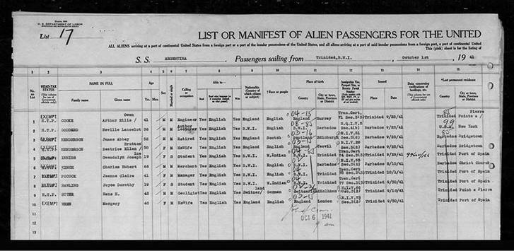 The ticket from Neville's trip back to Barbados, on the ship Argentine. Neville's name is second from the top...